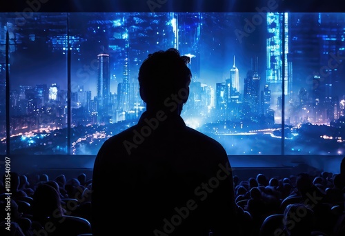 A man stands before a large screen with a city behind him