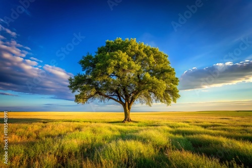 Lone Tree in Grassy Field, Clear Blue Sky - Serene Nature Stock Photo
