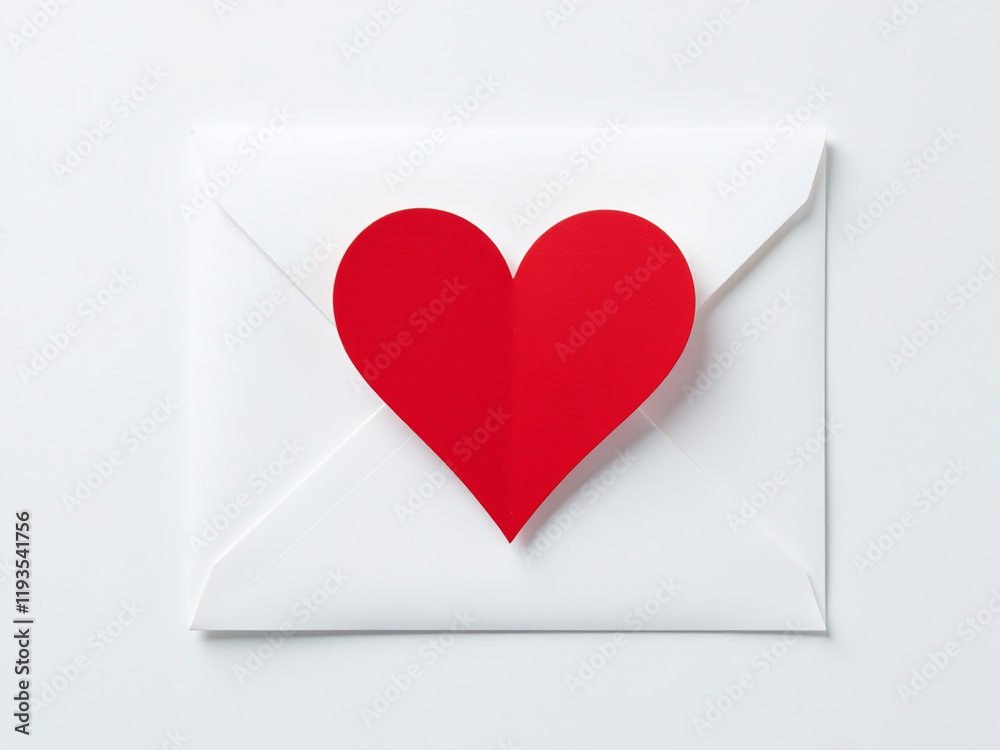 A Bright Red Heart Pattern Is Visible From Above On A Plain White Envelope Against A Clean White Background. 00001 A Bright Red Heart Pattern Is Visible From Above On A Plain White Envelope Against A Clean White Background. 00001