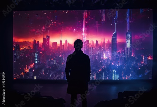 A man stands before a large window, admiring the citys night skyline