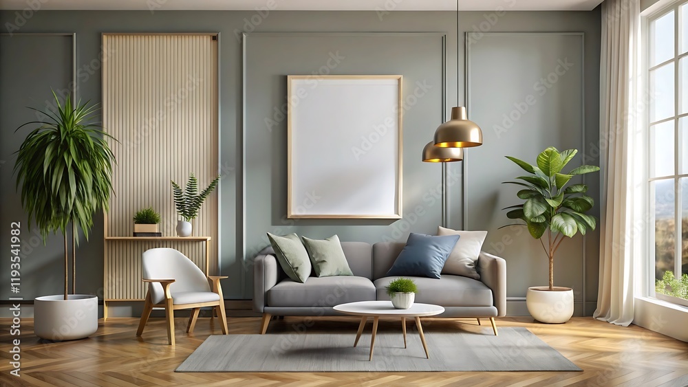 Fototapeta premium Modern home interior background, mock up poster wall, 3d render, white Mock up frame