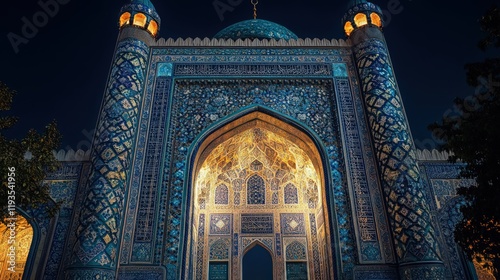 The majestic blue tiled Islamic architecture of a mosque illuminated at night photo