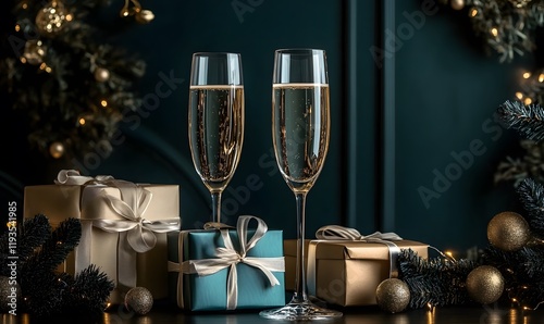 Romantic banner with two glasses filled with champagne and a surprise box, Generative Ai