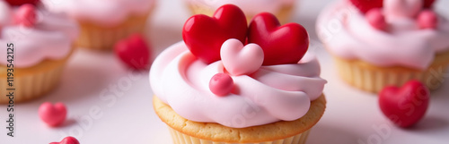 A Cupcake Or Tartlet With Pink Meringue Cream Is Decorated With Two Big Red Hearts And Small Heart Shape Candies. 00001