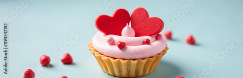 A Cupcake Or Tartlet With Pink Meringue Cream Is Decorated With Two Big Red Hearts And Small Heart Shape Candies. 00002