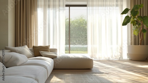 Minimalist window treatments in a living room setting, where sheer curtains and blinds offer subtle style and functionality.
