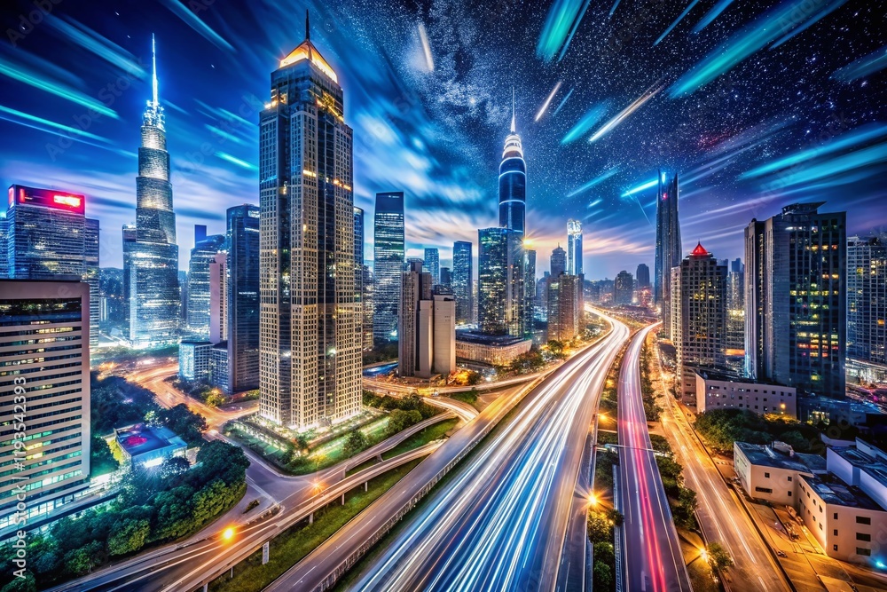 Long Exposure Cityscape at Night, Soaring Skyscrapers, Urban Lights, Dramatic Sky Long Exposure Cityscape at Night, Soaring Skyscrapers, Urban Lights, Dramatic Sky