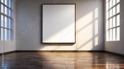 Brightly lit art gallery space with empty frame awaiting artwork during the afternoon