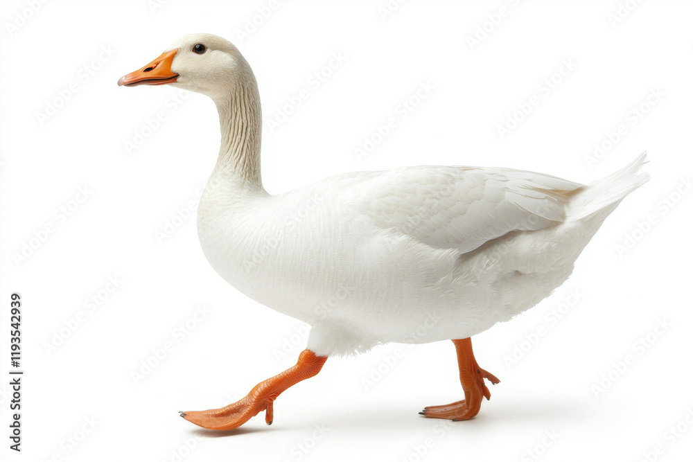 White goose walking, side profile, isolated on white. White goose walking, side profile, isolated on white.