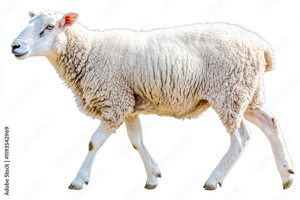 Fototapeta premium White sheep walking, thick fleece, isolated.