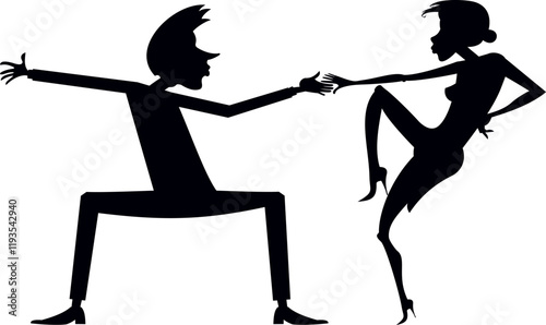 Romantic dancing young couple. Art silhouette. 
Happy dancing young man and woman. Black on white background
