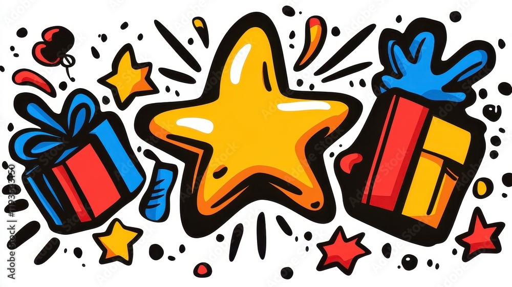 Fototapeta premium Colorful party graphic featuring a bright yellow star surrounded by vibrant gifts and festive elements for celebration.