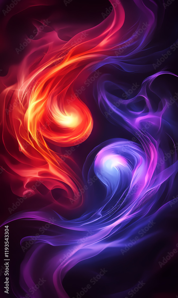 Naklejka premium A vibrant abstract artwork featuring swirling flames in red and purple colors, symbolizing duality and energy in a mystical style.
