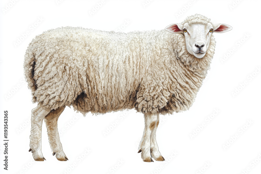 Fluffy white sheep standing, full body profile. Fluffy white sheep standing, full body profile.