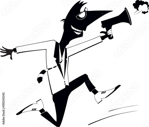 Running man with megaphone. 
News. Advertisement. Cartoon man runs with megaphone and makes announcement. Black and white illustration
