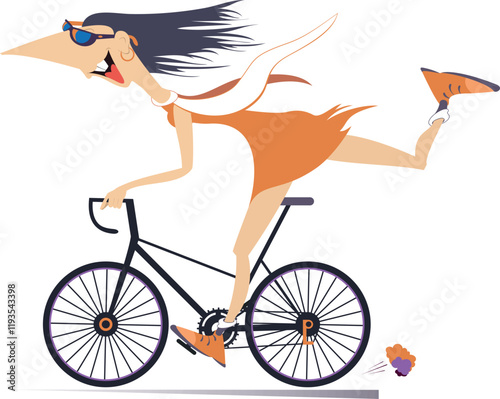 Happy cycling young woman. 
Smiling girl in sunglasses riding a bicycle. Isolated on white background

