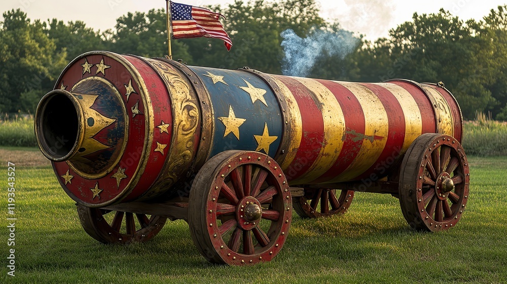 Large patriotic circus cannon painted in red, white, and blue with stars, set on grassy field with American flag. Symbolizes circus performances, entertainment, and American culture. Large patriotic circus cannon painted in red, white, and blue with stars, set on grassy field with American flag. Symbolizes circus performances, entertainment, and American culture.