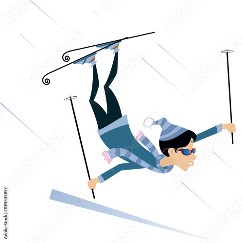 Winter sport. Falling down skier woman. Skiing girl. Isolated on white background