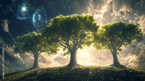 Creative representation of transcendentalism featuring symbolic trees cosmic harmony emphasizing spiritual connection and universal truths photo