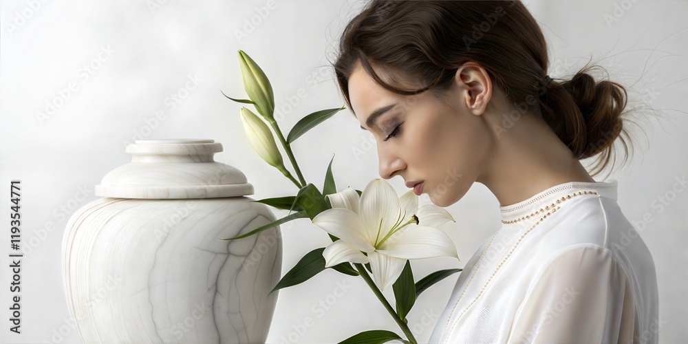 Naklejka premium Memorial Urn with Woman, Funeral Urn with Lily Flower, Ashes Urn on Light Background, Marble Burial Urn