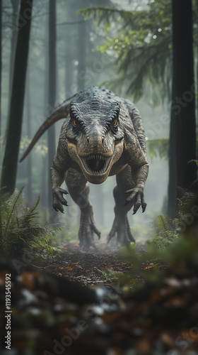Realistic dinosaur with short arms surrounded by dense forest foliage.