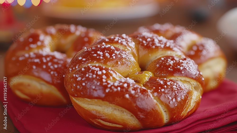 Warm soft pretzels with a golden-brown crust, lightly sprinkled with coarse salt, served alongside a small bowl of mustard. A popular savory snack at fairs, festivals, and bakeries. Warm soft pretzels with a golden-brown crust, lightly sprinkled with coarse salt, served alongside a small bowl of mustard. A popular savory snack at fairs, festivals, and bakeries.
