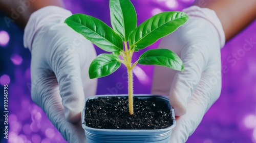 Hands wearing gloves nurturing a small seedling, symbolizing environmental conservation in vibrant purple and green tones, ideal for Earth Day themes photo