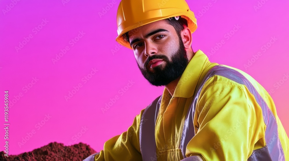 Obraz premium Middle-Eastern construction worker wearing a safety helmet and reflective vest, set against a vibrant pink background, symbolizing labor and diversity