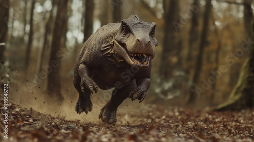 Dinosaur running through a wooded forest scene in national park, photorealistic style.