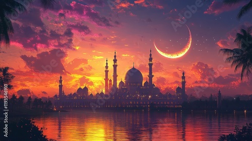  Stunning view of a beautifully lit mosque during sunset, with a vibrant sky transitioning from warm orange to deep purple hues. A serene and spiritual setting perfect for Ramadan gatherings. photo