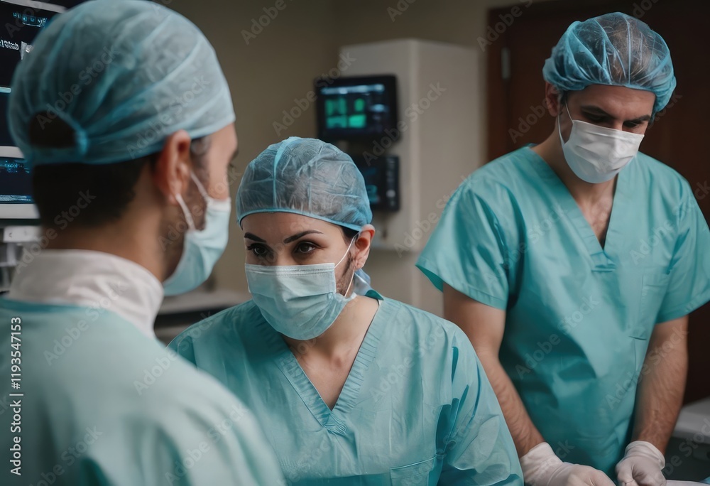 A team of surgeons dressed in masks and scrubs inside an operating room A team of surgeons dressed in masks and scrubs inside an operating room