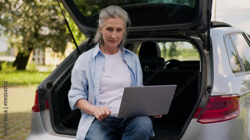 Happy satisfied amazed Caucasian elderly female business woman senior mature businesswoman client looking laptop screen shock win online success gesturing fist outdoors city park sit automobile trunk Happy satisfied amazed Caucasian elderly female business woman senior mature businesswoman client looking laptop screen shock win online success gesturing fist outdoors city park sit automobile trunk