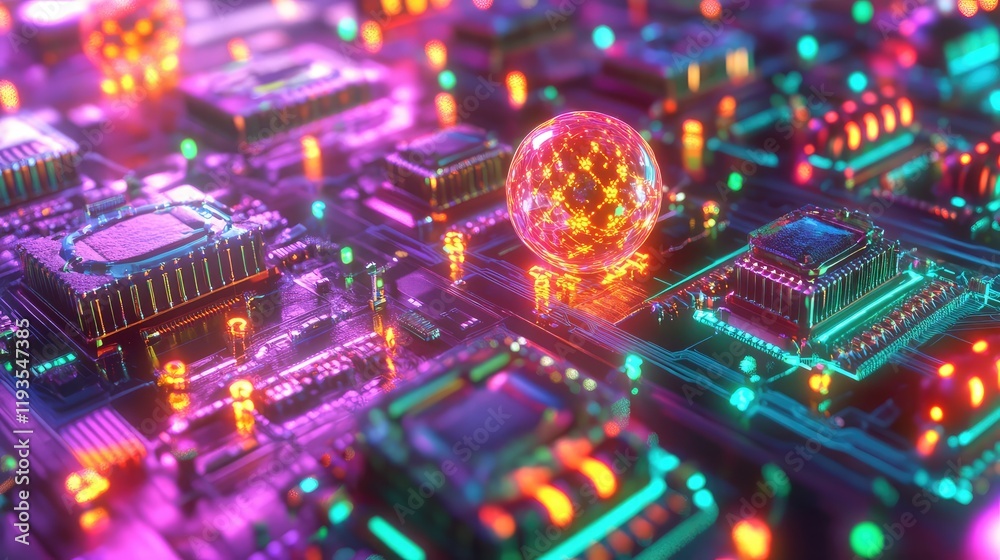 Obraz premium Conceptual image of quantum technology applied to blockchain, with quantum processors protecting blockchain networks from cyber threat