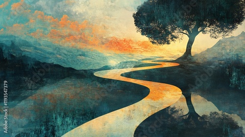 Symbolic representation of wisdom path winding through abstract landscapes of selfreflection photo