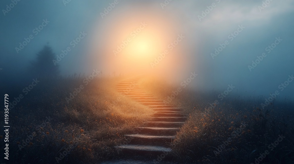 Fototapeta premium Stone Steps Ascending Towards a Misty Sunrise