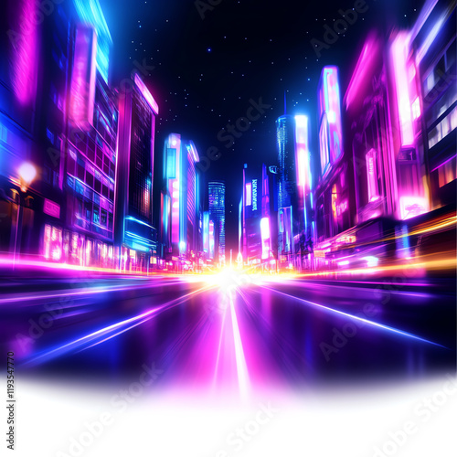 A vibrant, neon-lit cityscape at night showcasing colorful lights and bustling urban life.