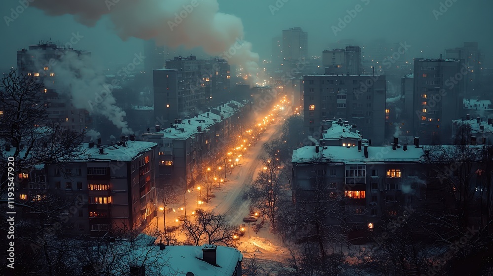 Cityscape at night with smoke rising from chimneys, showing warm, heated homes against the dark sky. The scene captures the cozy ambiance of a winter evening in an urban area. Cityscape at night with smoke rising from chimneys, showing warm, heated homes against the dark sky. The scene captures the cozy ambiance of a winter evening in an urban area.