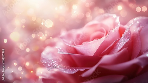  Beautiful pink rose covered in dewdrops with soft bokeh lights in background, creating a romantic, delicate, and elegant floral composition perfect for romantic or wedding themes.