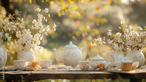 A rustic outdoor tea ceremony with porcelain teapots, cups, and blooming flowers photo