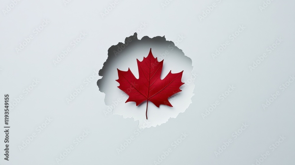 Red maple leaf peeking through a torn hole in white background, symbolizing nature and the beauty of Canada Red maple leaf peeking through a torn hole in white background, symbolizing nature and the beauty of Canada