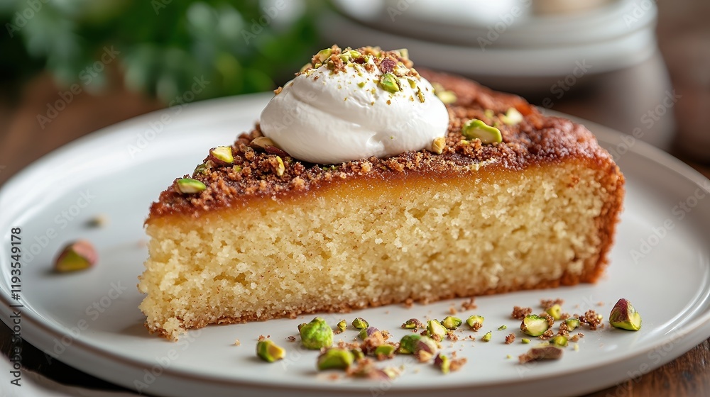  Elegant slice of pistachio crumble cake topped with a dollop of whipped cream and a sprinkle of crushed pistachios, served on a white plate. A refined and delicious dessert for special occasions.
