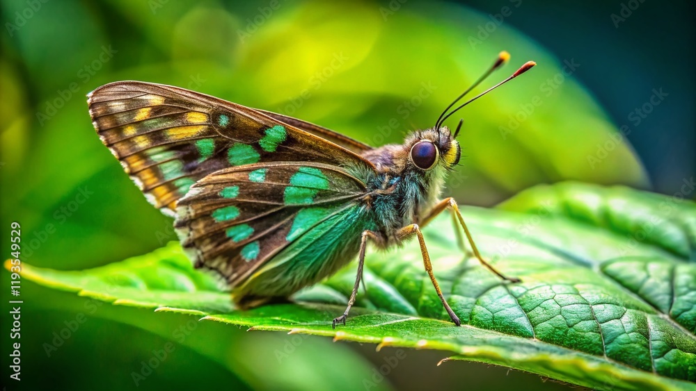 Long-tailed Skipper Butterfly on Green Leaf - Detailed Macro Stock Photo Long-tailed Skipper Butterfly on Green Leaf - Detailed Macro Stock Photo