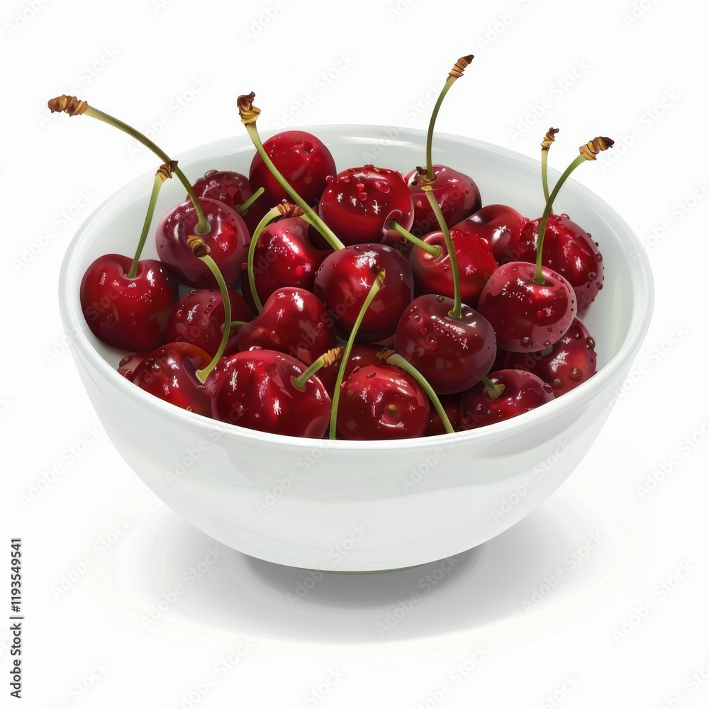 A bowl of fresh cherries with stems intact, isolated white background, hyperrealism art style A bowl of fresh cherries with stems intact, isolated white background, hyperrealism art style