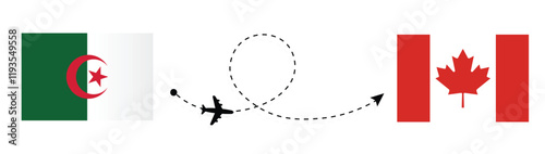 Algeria to Canada flight travel .Algiers to Ottawa passenger travelling by airplane  . Algeria to Canada flags 