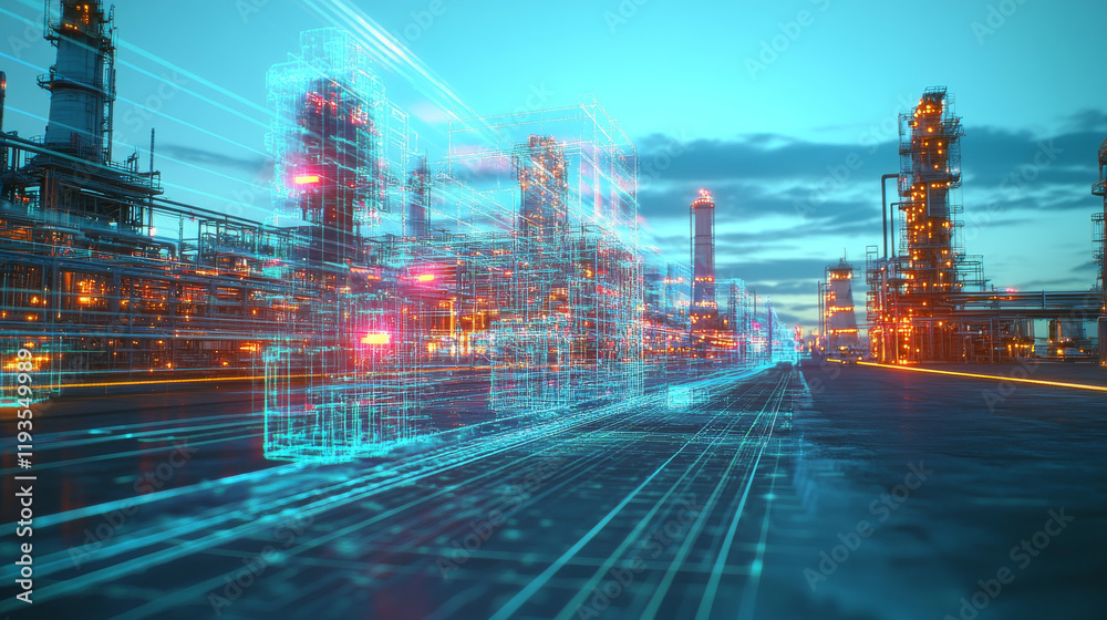 Fototapeta premium The hologram industry. Cooling towers made of polygons, triangles of points and lines. Factory low-poly compound structure. Technology concept vector.