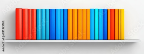 A vibrant arrangement of colorful books stacked neatly on a modern white shelf against a minimalist background