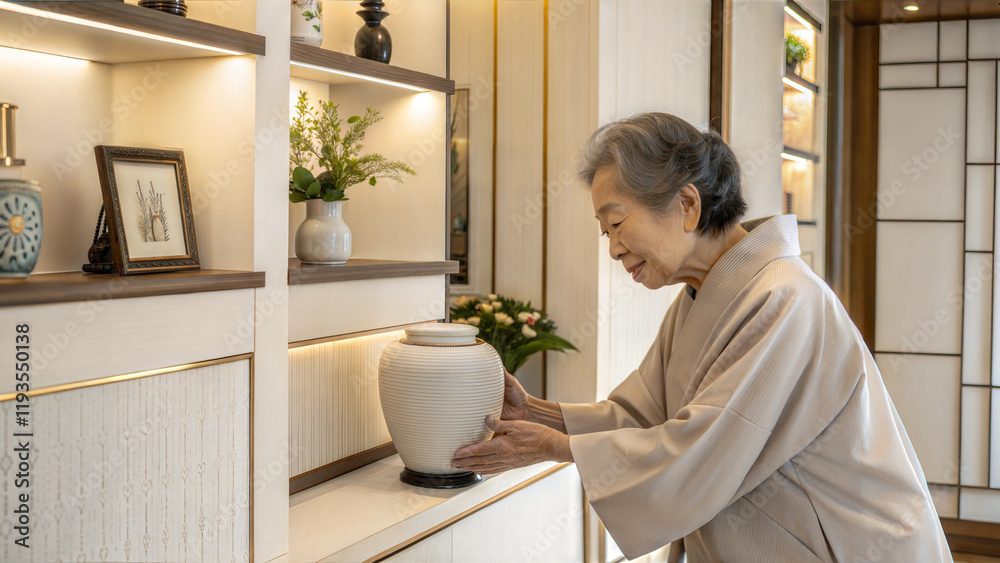 Memorial Urn Placement by Elderly Asian Woman in Peaceful Home Interior Memorial Urn Placement by Elderly Asian Woman in Peaceful Home Interior