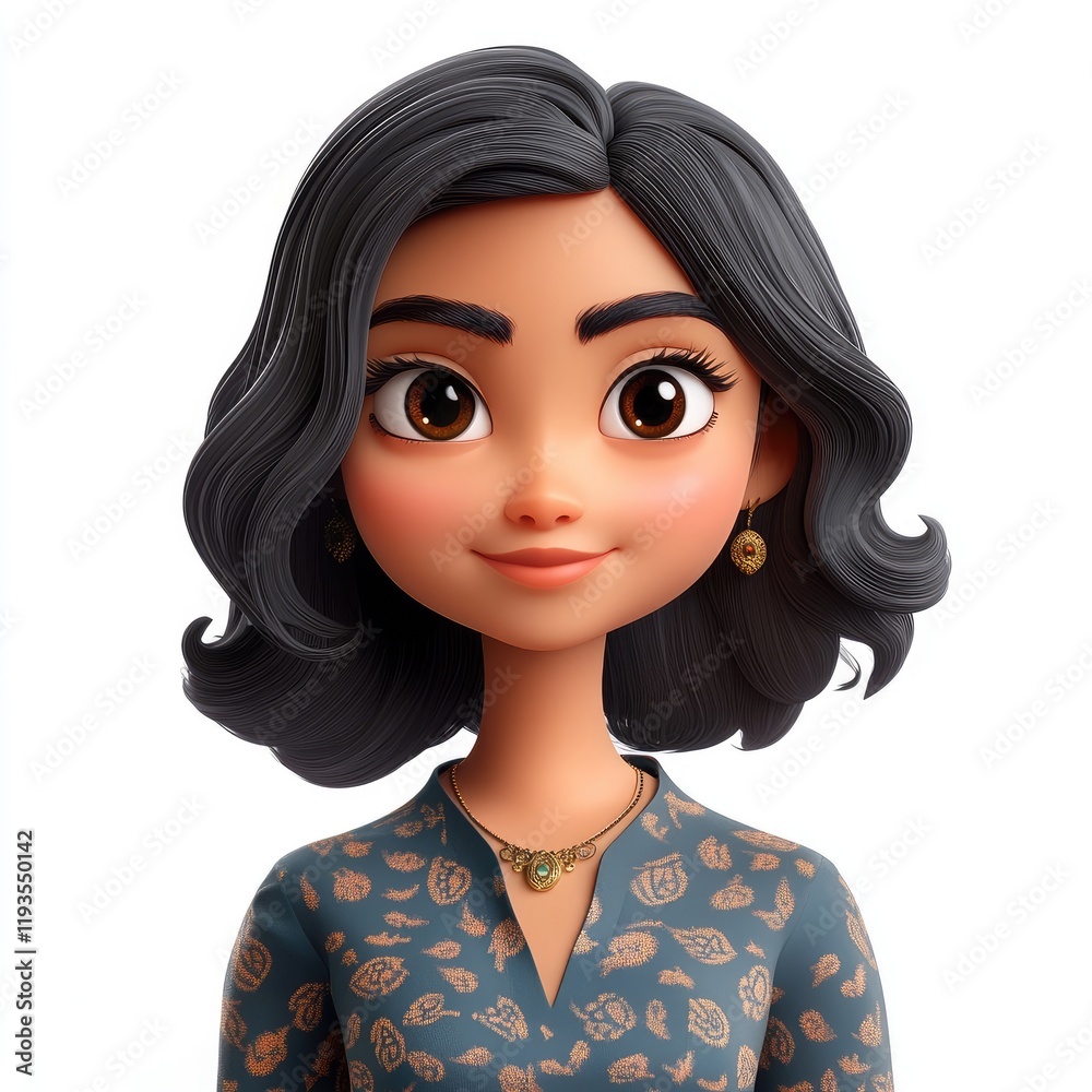 3D memoji representation of an Indian woman with shoulder-length wavy hair on a white background 3D memoji representation of an Indian woman with shoulder-length wavy hair on a white background