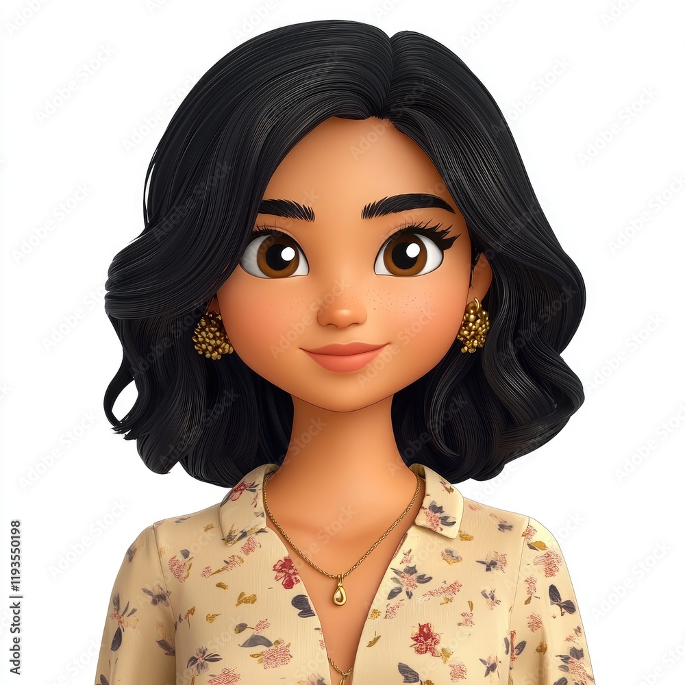 3D memoji representation of Indian woman with shoulder-length wavy hair and neutral expression featured against a simple backdrop