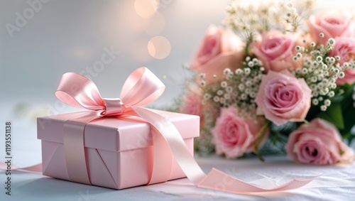 A pink gift box with a ribbon beside a pink flower arrangement. 